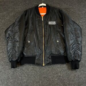 VTG Nine Inch Nails NIN Bomber Jacket Large Black Orange Pretty Hate Machine 90s